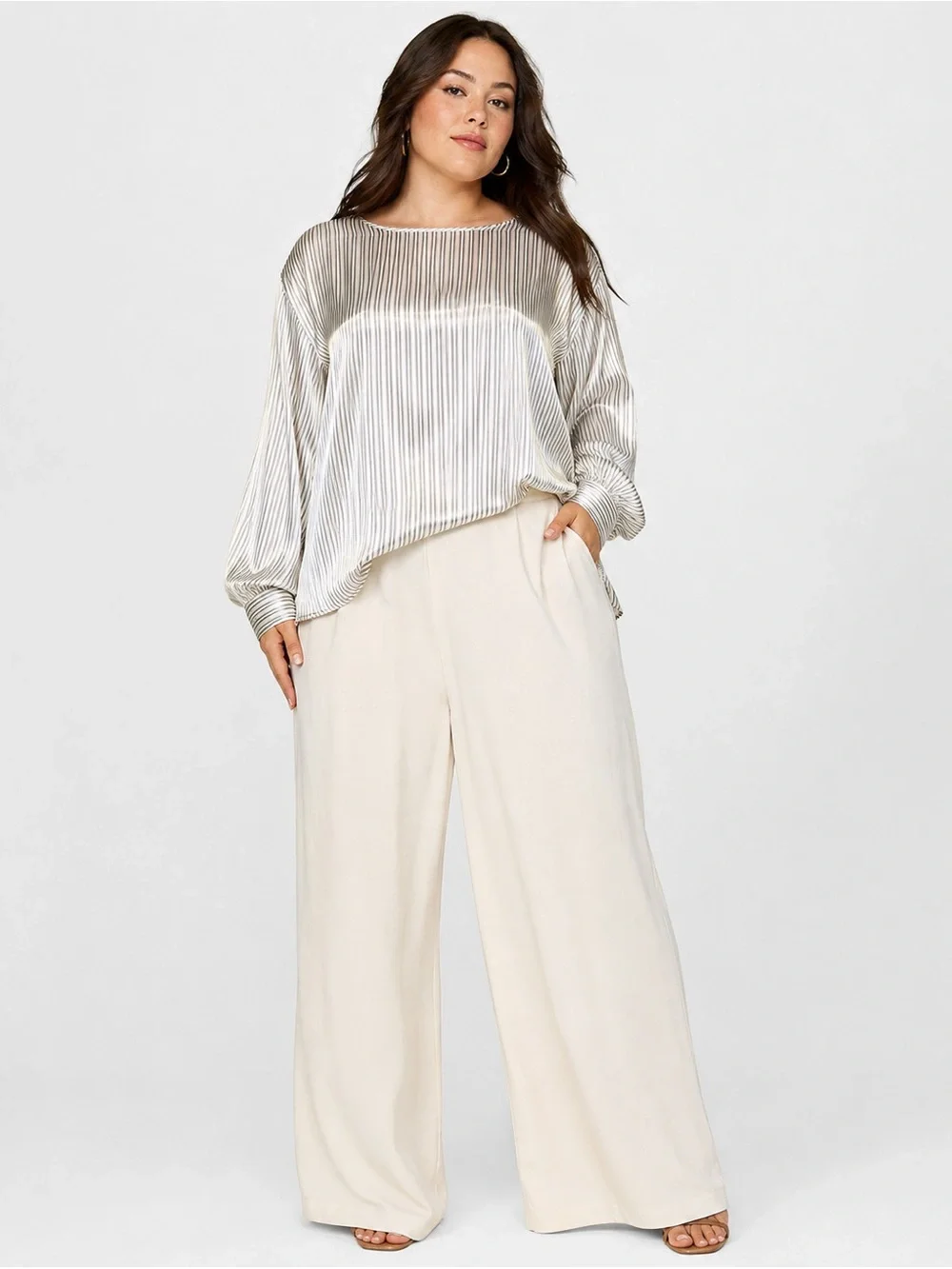 Notations | VTG Striped Shiny Silky Long Sleeve Round Neckline Charmeuse Blouse - Picture 1 of 13